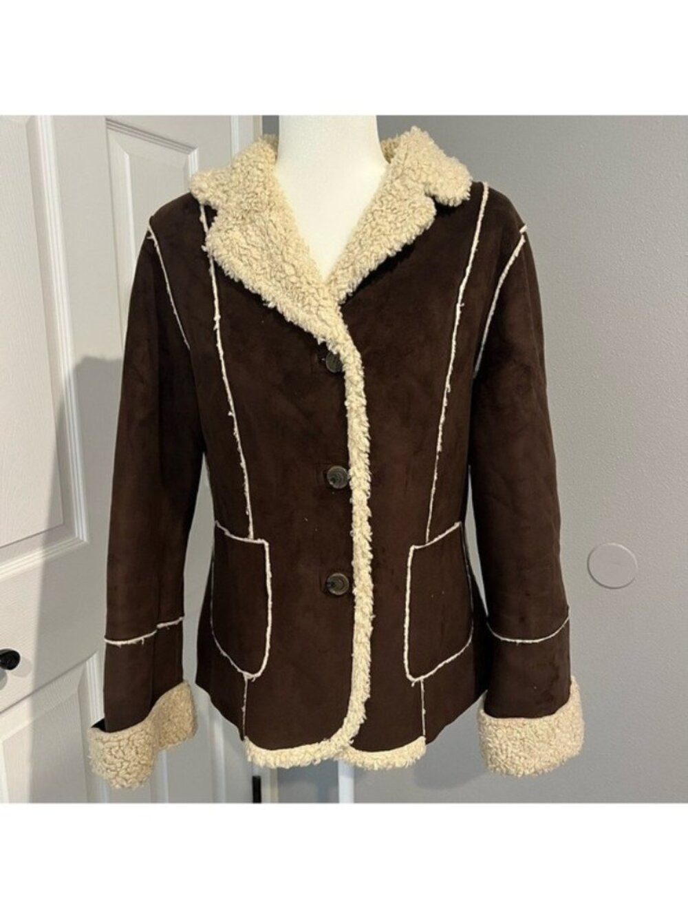 Vintage Chocolate Brown Soft Faux Suede Sherpa Trim Jacket Size M Western Cowgir